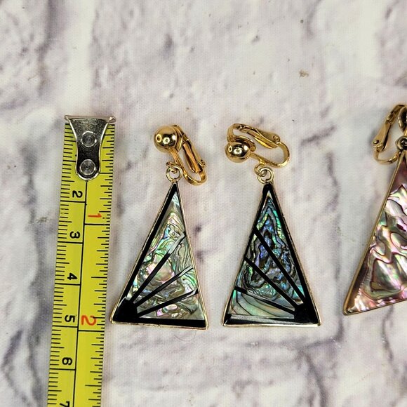 Vintage Mexican Alpaca Earrings Gold-Tone Clip-On Abalone Set Of 2 Pairs - Picture 3 of 7